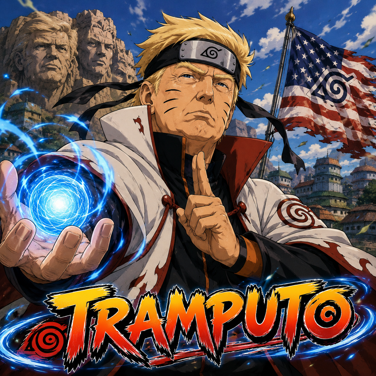 Tramputo — Donald Trump as a ninja Hokage holding a Rasengan in front of Mount Rushmore and the American flag